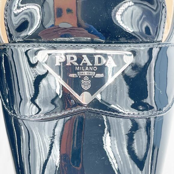 Prada Black Patent Vernice Metal Triangle Logo Block Heel Loafer Pumps IT 38 - Picture 11 of 14